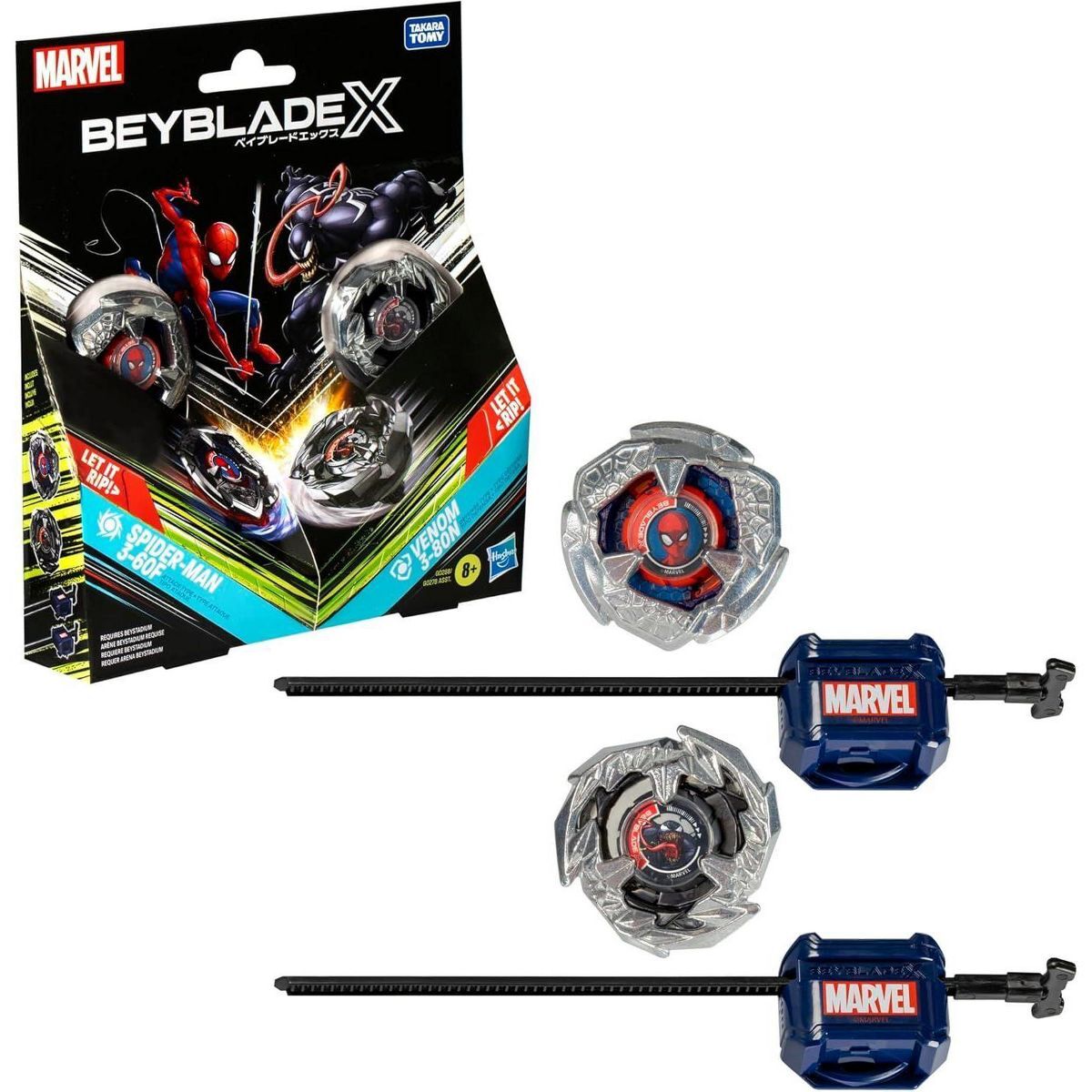 Beyblade X Marvel Spider-Man 3-60F Vs. Venom 3-80N Multipack Set, Includes 2 Right-Spin Tops & Launchers